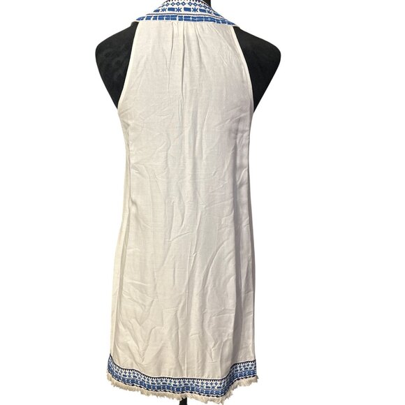 Mud Pie Sleeveless White & Blue Embroidered Shift Dress With Fringe Hem XS - Picture 2 of 4